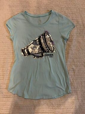 Justice Light Blue Sequin Megaphone Tee with Reversible Silver Sequins